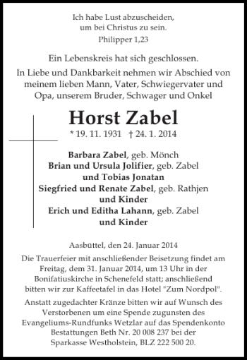 Traueranzeige von Horst Zabel von Norddeutsche Rundschau
