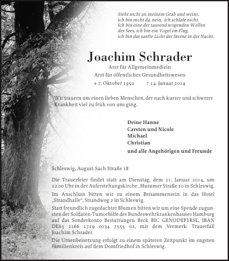  Traueranzeige für Joachim Schrader vom 17.01.2014 aus Schleswiger Nachrichten