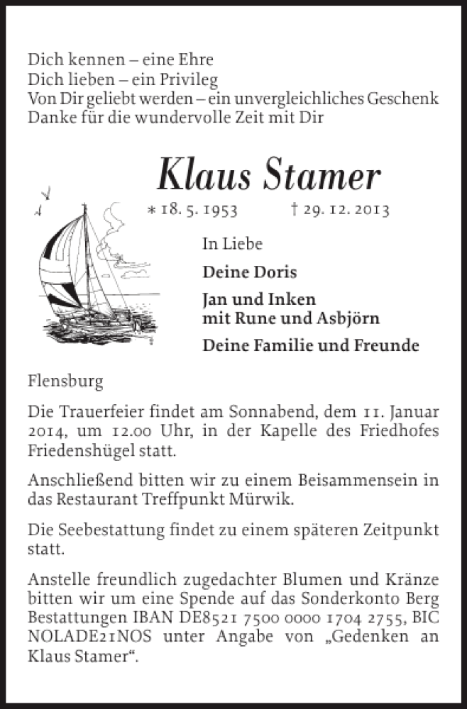  Traueranzeige für Klaus Stamer vom 04.01.2014 aus Flensburger Tageblatt