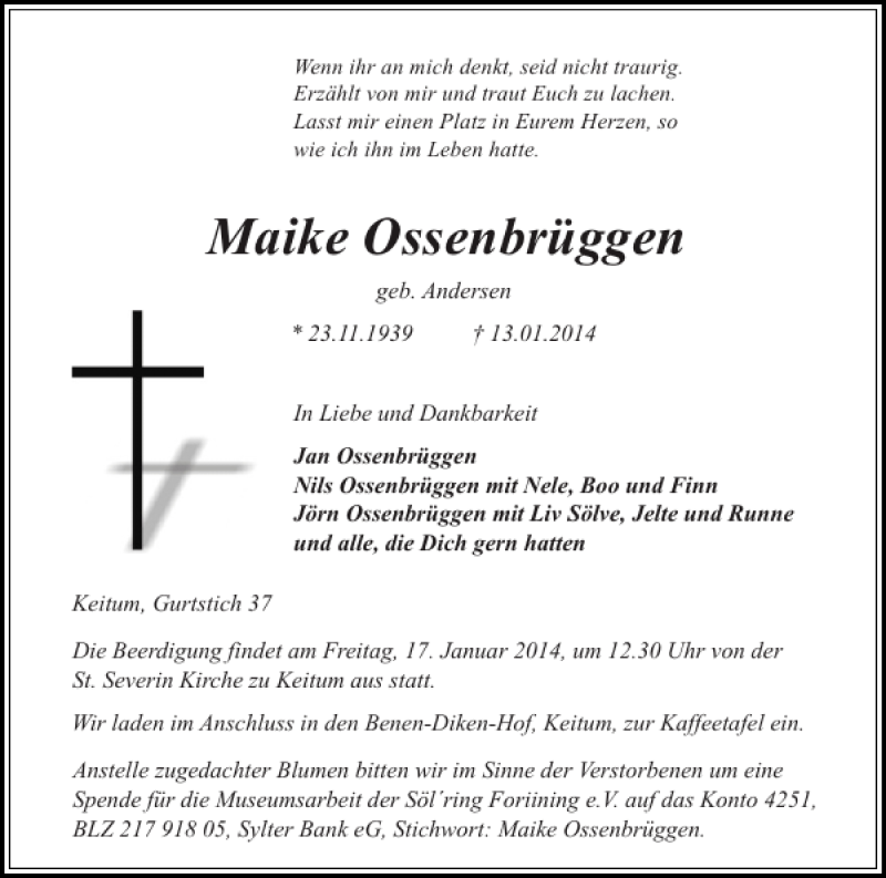  Traueranzeige für Maike Ossenbrüggen vom 15.01.2014 aus Sylter Rundschau