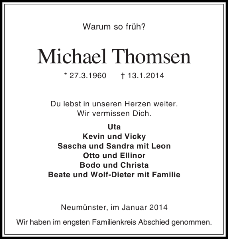  Traueranzeige für Michael Thomsen vom 18.01.2014 aus Holsteinischer Courier