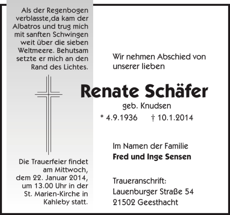  Traueranzeige für Renate Schäfer vom 18.01.2014 aus Schleswiger Nachrichten
