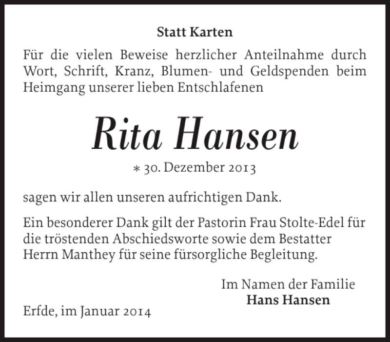  Traueranzeige für Rita Hansen vom 25.01.2014 aus Landeszeitung