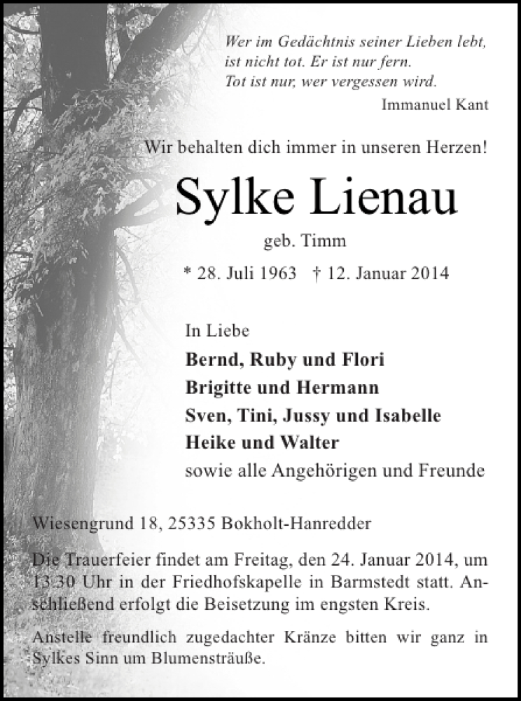  Traueranzeige für Sylke Lienau vom 18.01.2014 aus Pinneberger Tageblatt