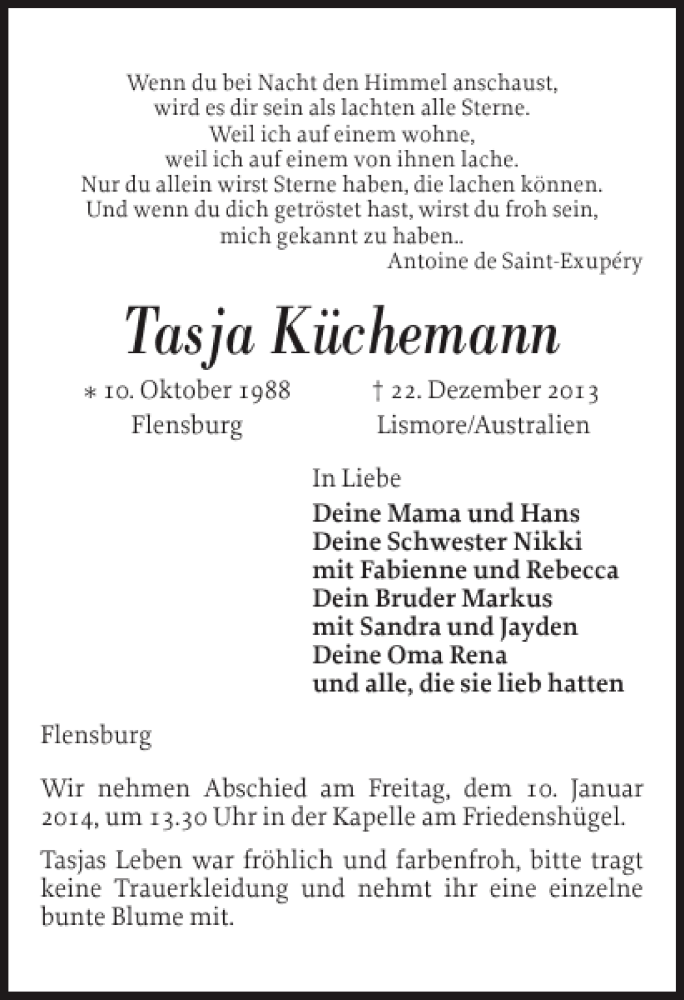  Traueranzeige für Tasja Küchemann vom 03.01.2014 aus Flensburger Tageblatt