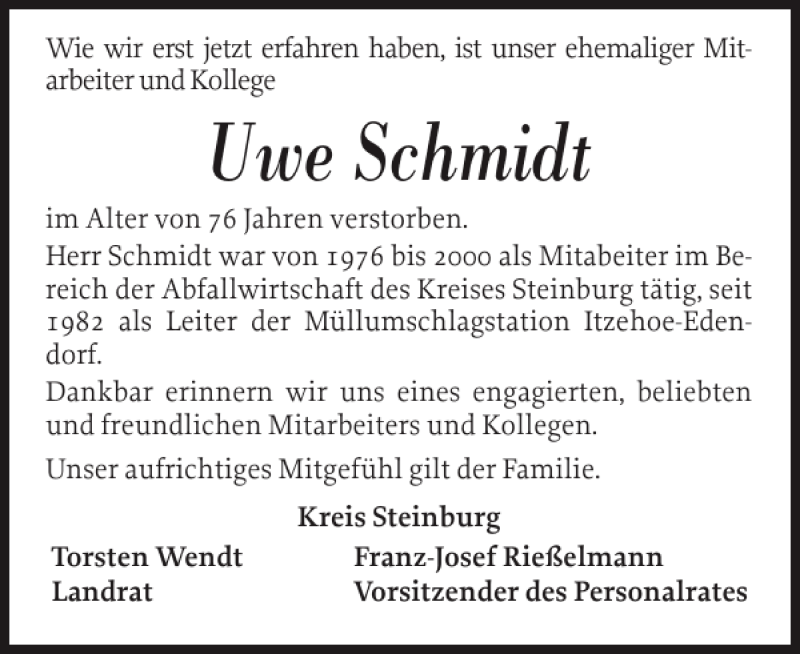  Traueranzeige für Uwe Schmidt vom 09.01.2014 aus Norddeutsche Rundschau