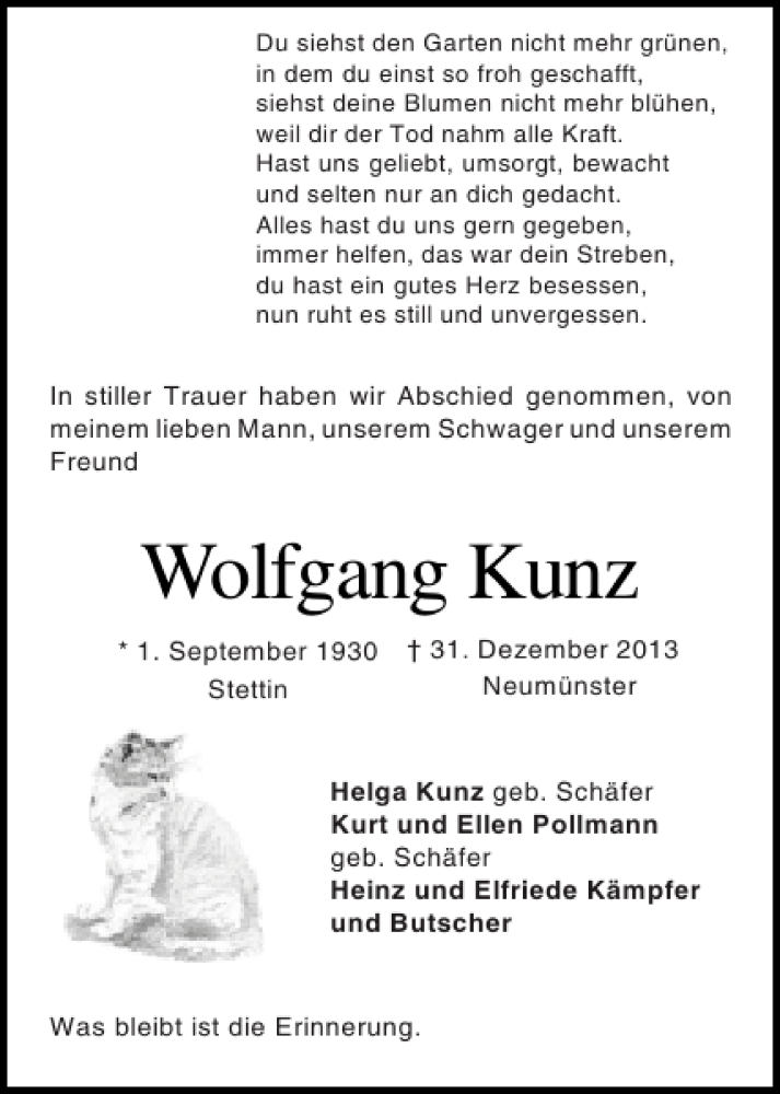  Traueranzeige für Wolfgang Kunz vom 18.01.2014 aus Holsteinischer Courier