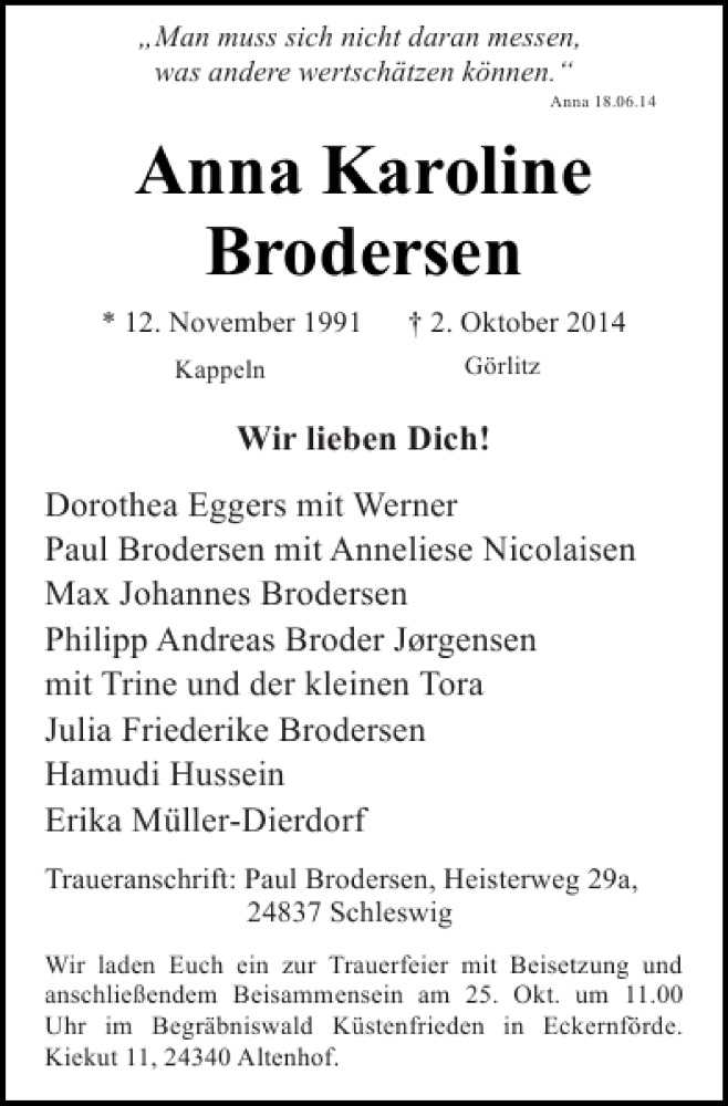  Traueranzeige für Anna Karoline Brodersen vom 18.10.2014 aus Flensburger Tageblatt