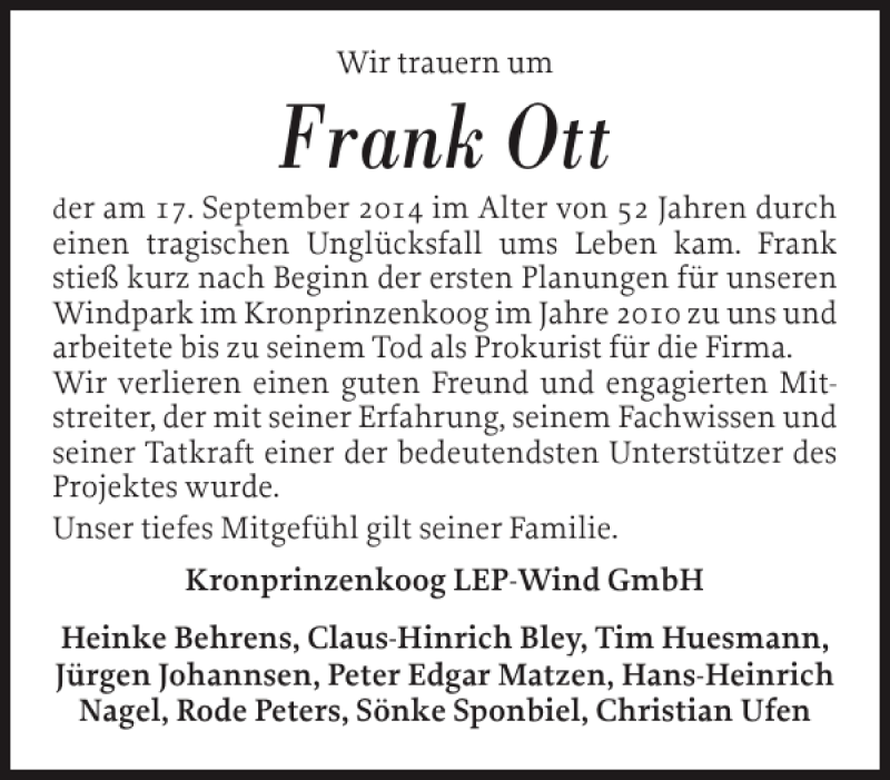  Traueranzeige für Frank Ott vom 06.10.2014 aus Norddeutsche Rundschau