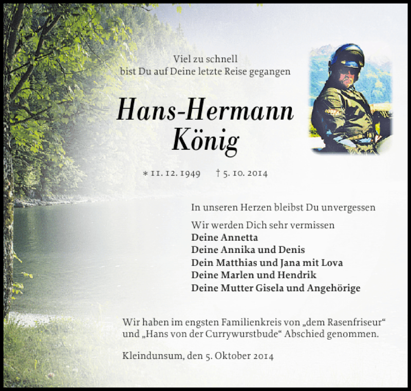  Traueranzeige für Hans-Hermann König vom 10.10.2014 aus Der Insel-Bote
