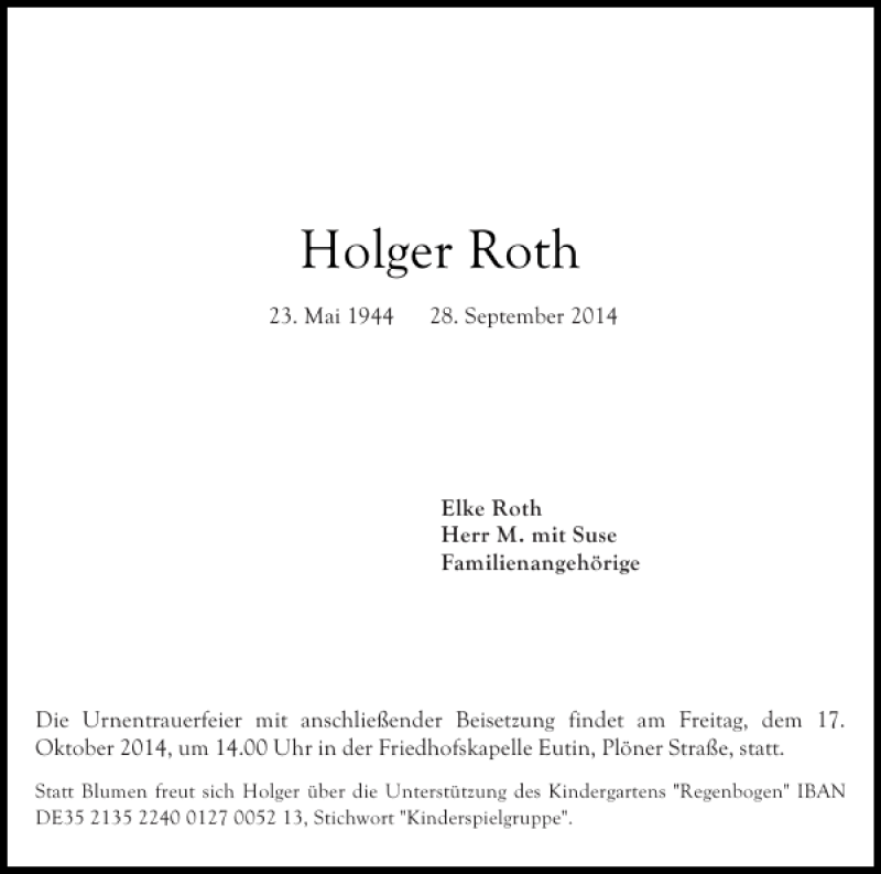  Traueranzeige für Holger Roth vom 11.10.2014 aus Ostholsteiner Anzeiger