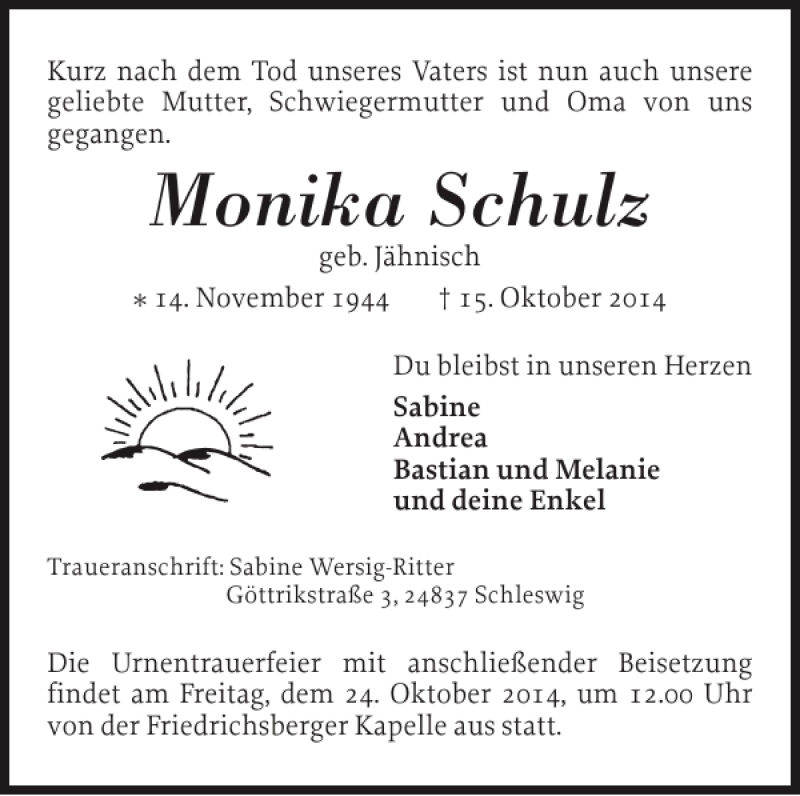  Traueranzeige für Monika Schulz vom 18.10.2014 aus Schleswiger Nachrichten