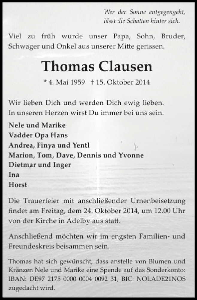  Traueranzeige für Thomas Clausen vom 20.10.2014 aus Flensburger Tageblatt