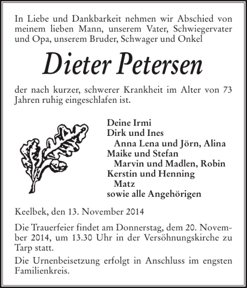  Traueranzeige für Dieter Petersen vom 17.11.2014 aus Flensburger Tageblatt