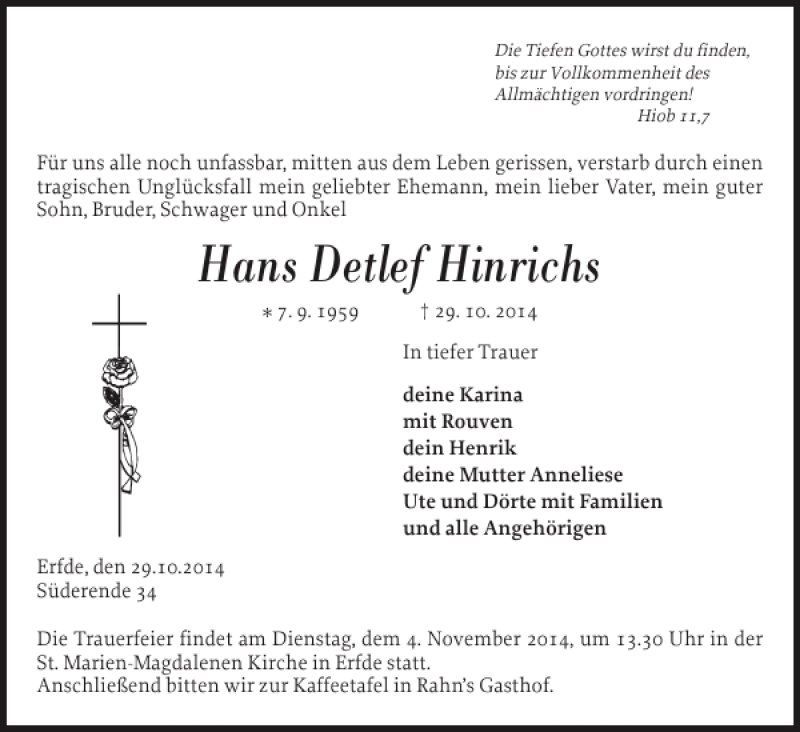  Traueranzeige für Hans Detlef Hinrichs vom 01.11.2014 aus Landeszeitung
