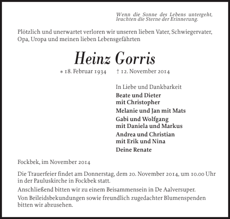  Traueranzeige für Heinz Gorris vom 15.11.2014 aus Landeszeitung