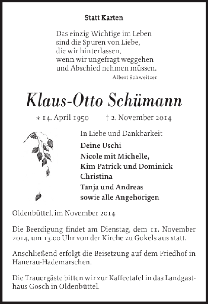  Traueranzeige für Klaus-Otto Schümann vom 06.11.2014 aus Landeszeitung