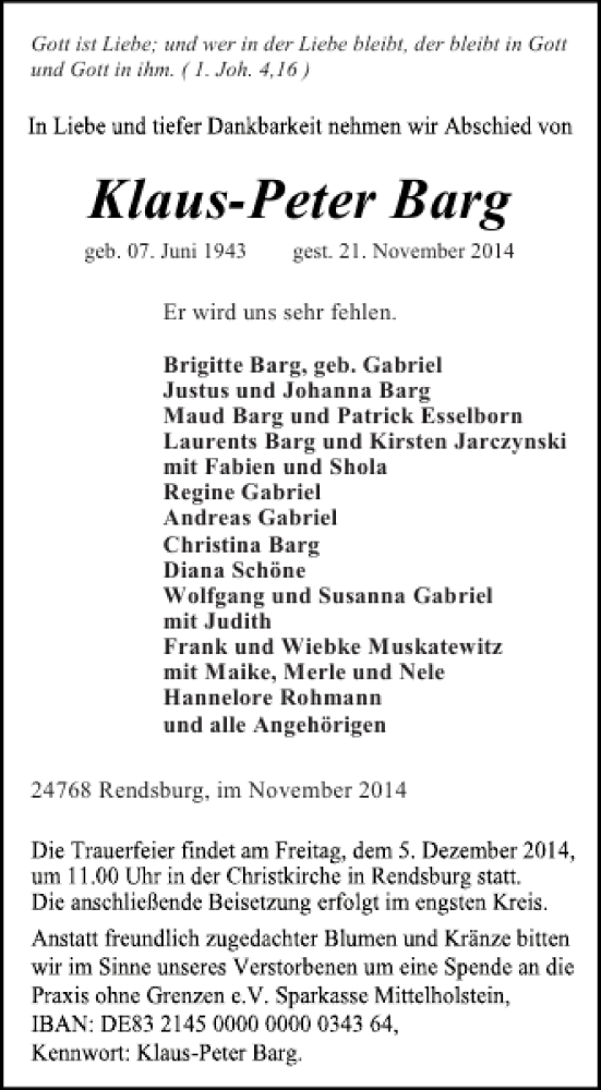  Traueranzeige für Klaus-Peter Barg vom 29.11.2014 aus Landeszeitung