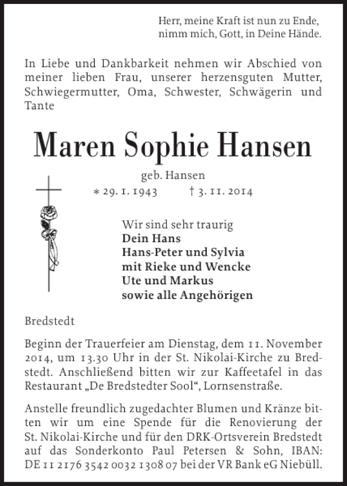  Traueranzeige für Maren Sophie Hansen vom 05.11.2014 aus Husumer Nachrichten