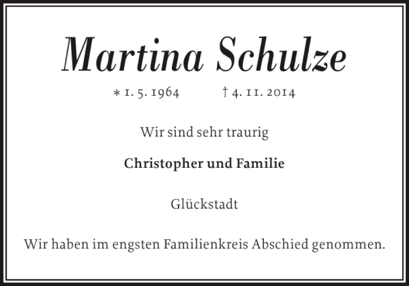  Traueranzeige für Martina Schulze vom 15.11.2014 aus Norddeutsche Rundschau