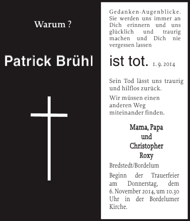  Traueranzeige für Patrick Brühl vom 03.11.2014 aus Husumer Nachrichten