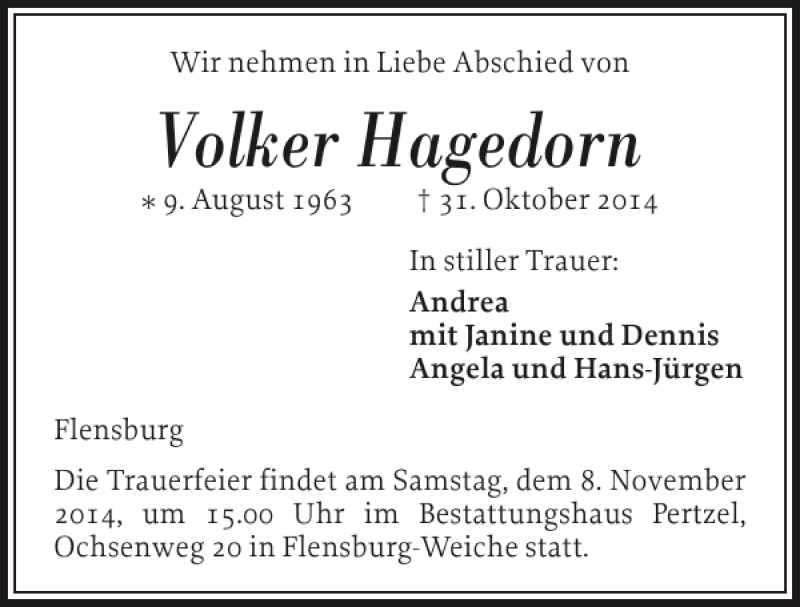  Traueranzeige für Volker Hagedorn vom 04.11.2014 aus Flensburger Tageblatt
