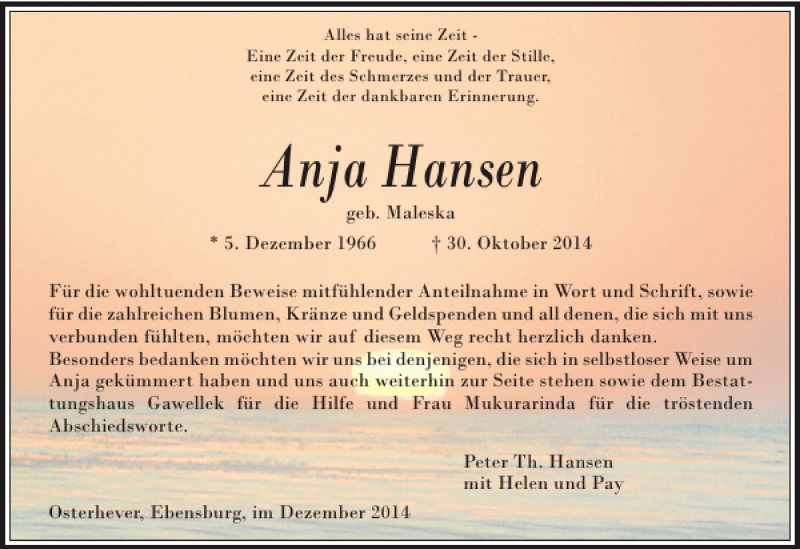  Traueranzeige für Anja Hansen vom 05.12.2014 aus Husumer Nachrichten