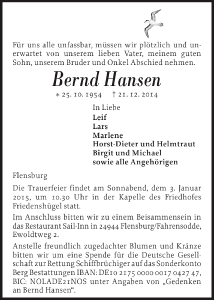  Traueranzeige für Bernd Hansen vom 24.12.2014 aus Flensburger Tageblatt