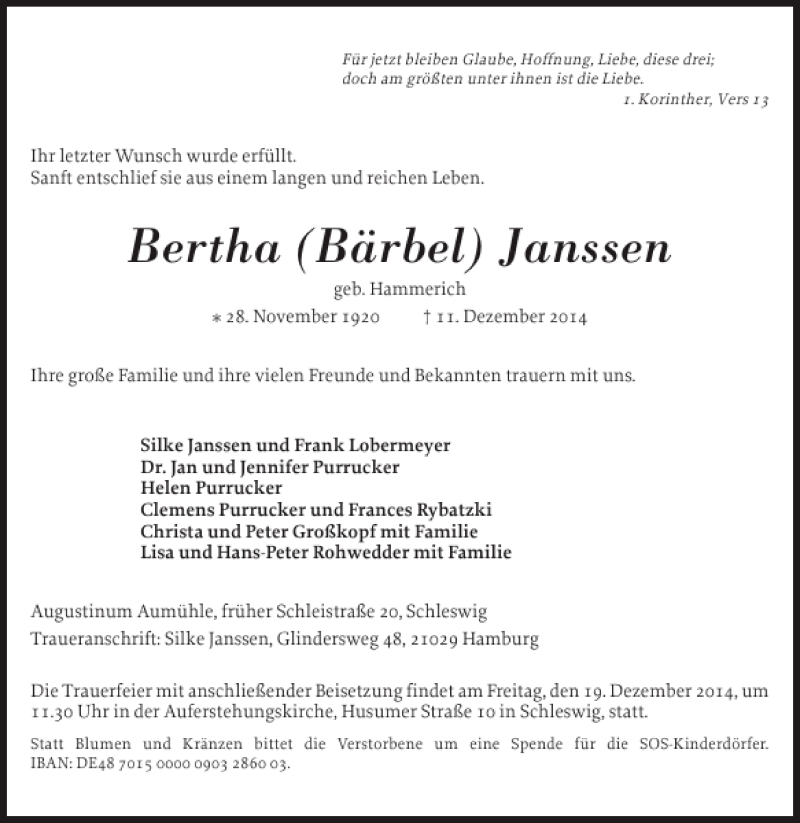  Traueranzeige für Bertha Bärbel Janssen vom 16.12.2014 aus Schleswiger Nachrichten
