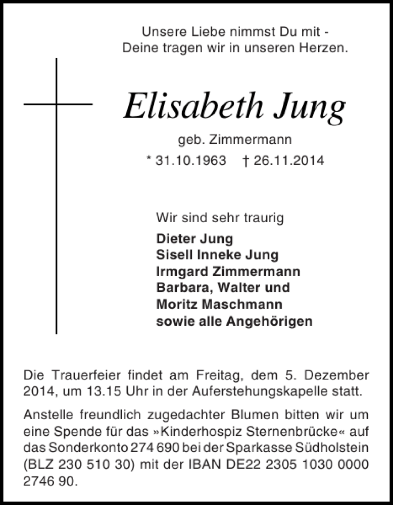  Traueranzeige für Elisabeth Jung vom 02.12.2014 aus Holsteinischer Courier