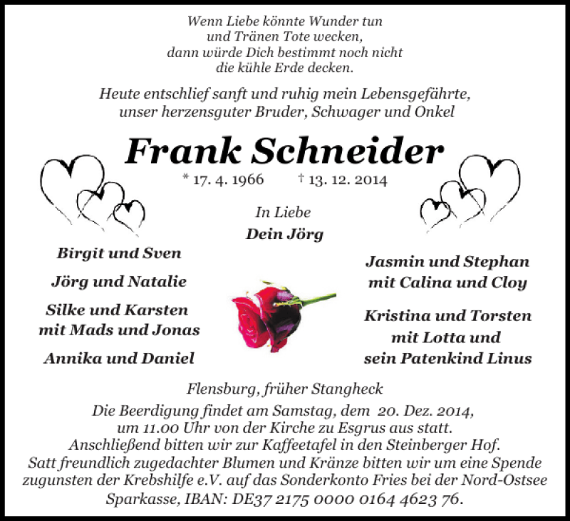  Traueranzeige für Frank Schneider vom 16.12.2014 aus Flensburger Tageblatt