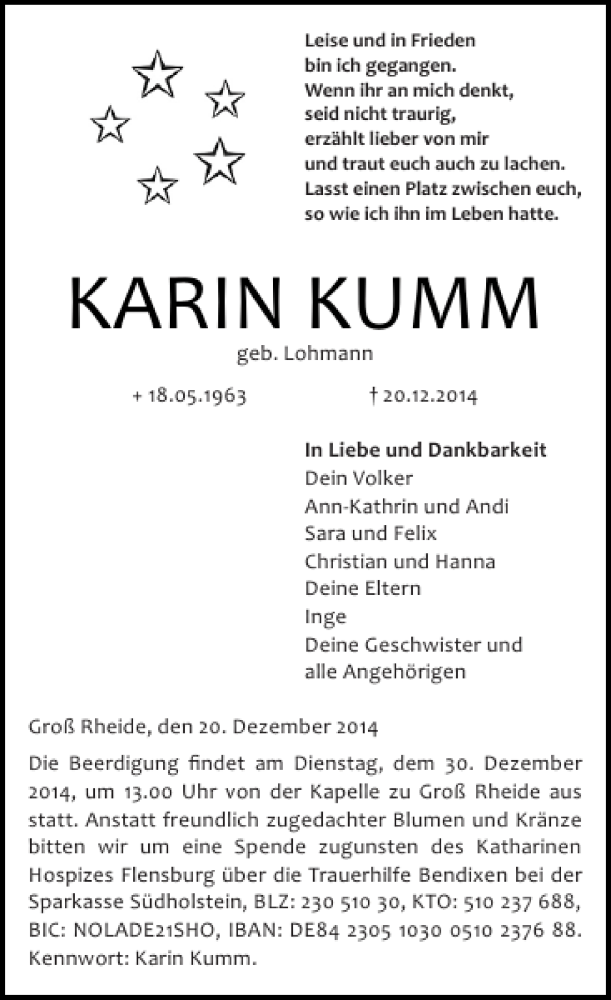  Traueranzeige für KARIN KUMM vom 29.12.2014 aus Landeszeitung