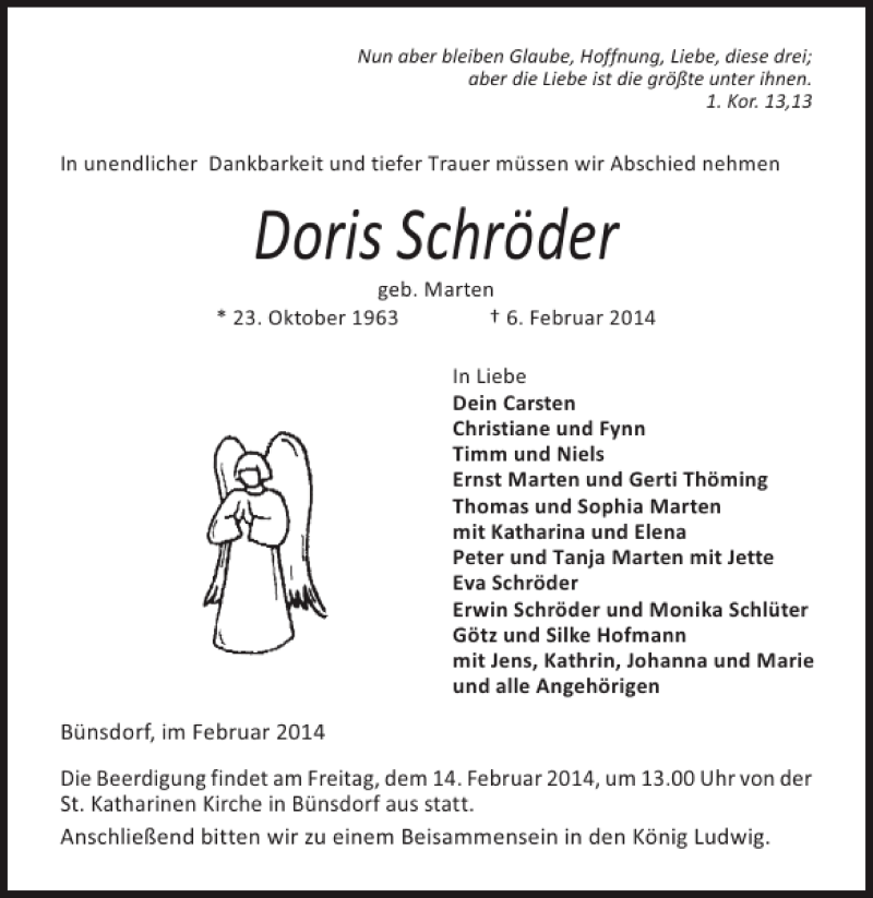  Traueranzeige für Doris Schröder vom 08.02.2014 aus Landeszeitung