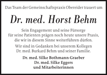 Traueranzeige von Dr. med. Horst Behm von Landeszeitung