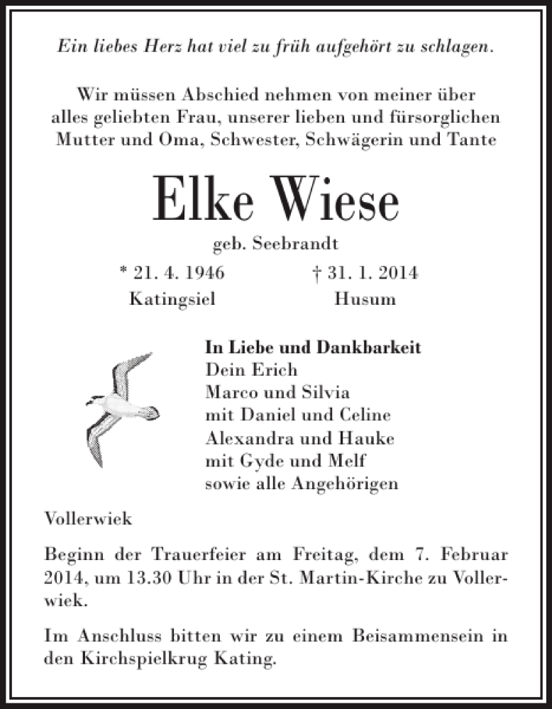  Traueranzeige für Elke Wiese vom 04.02.2014 aus Flensburger Tageblatt