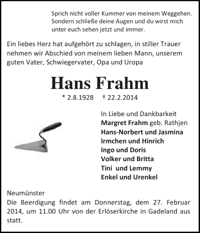  Traueranzeige für Hans Frahm vom 25.02.2014 aus Holsteinischer Courier
