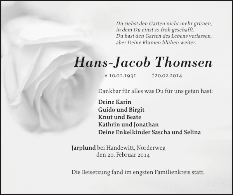  Traueranzeige für Hans-Jacob Thomsen vom 27.02.2014 aus Flensburger Tageblatt