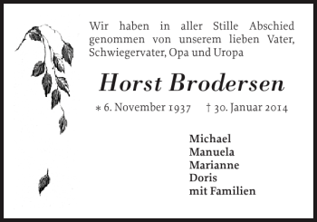 Traueranzeige von Horst Brodersen von Schleswiger Nachrichten