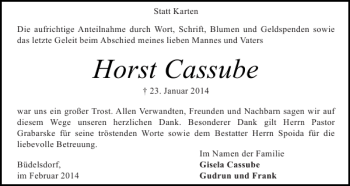 Traueranzeige von Horst Cassube von Landeszeitung
