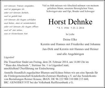 Traueranzeige von Horst Dehnke von Norddeutsche Rundschau