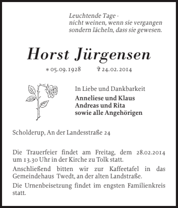 Traueranzeige von Horst Jürgensen von Schleswiger Nachrichten