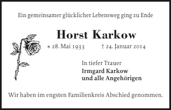 Traueranzeige von Horst Karkow von Holsteinischer Courier