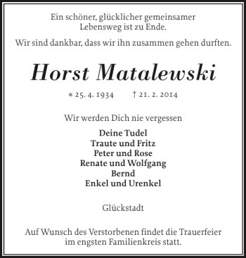 Traueranzeige von Horst Matalewski von Norddeutsche Rundschau