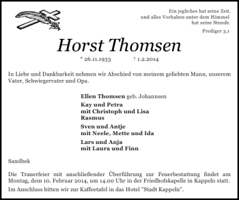 Traueranzeige von Horst Thomsen von Schlei-Bote
