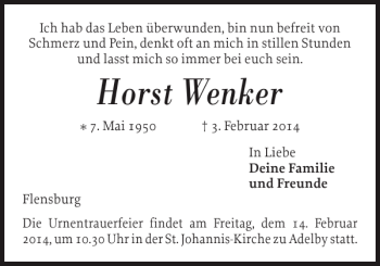 Traueranzeige von Horst Wenker von Flensburger Tageblatt