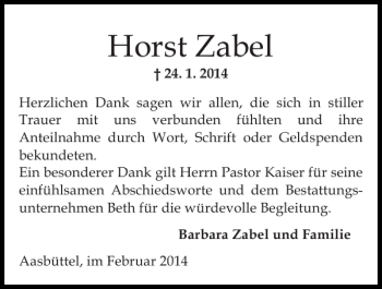Traueranzeige von Horst Zabel von Norddeutsche Rundschau