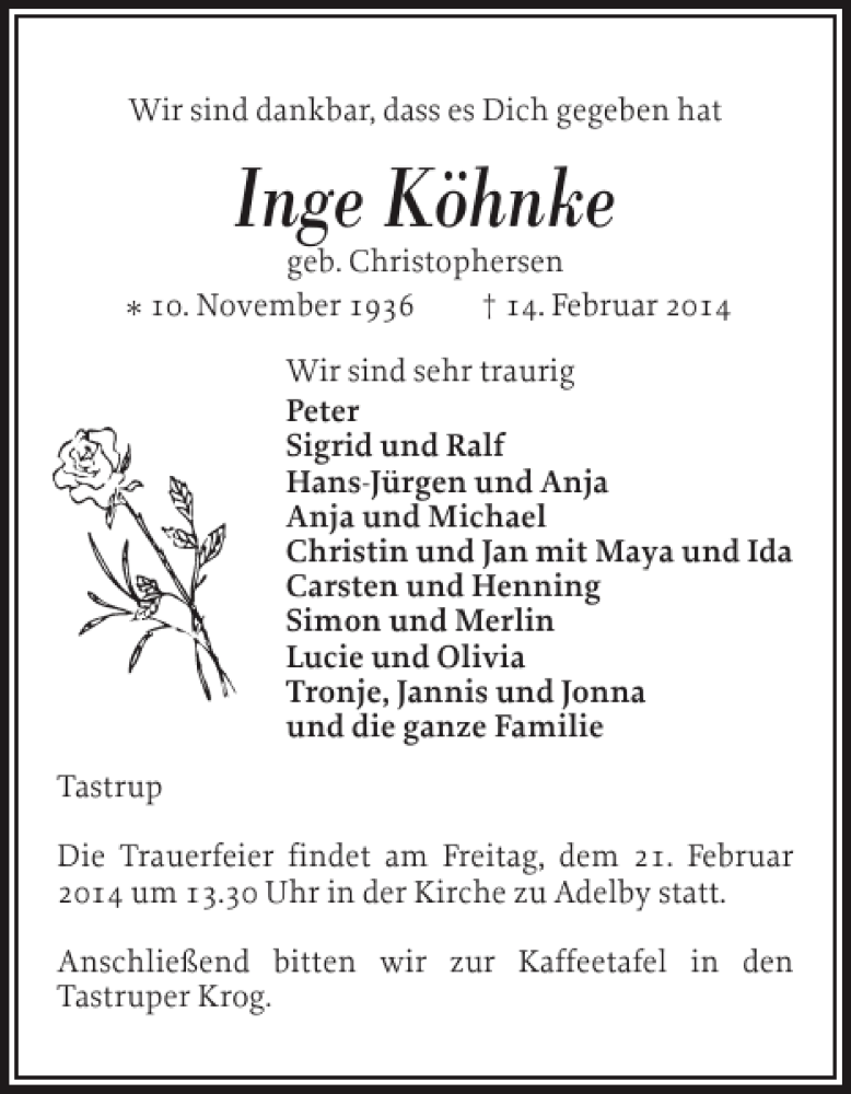  Traueranzeige für Inge Köhnke vom 18.02.2014 aus Flensburger Tageblatt