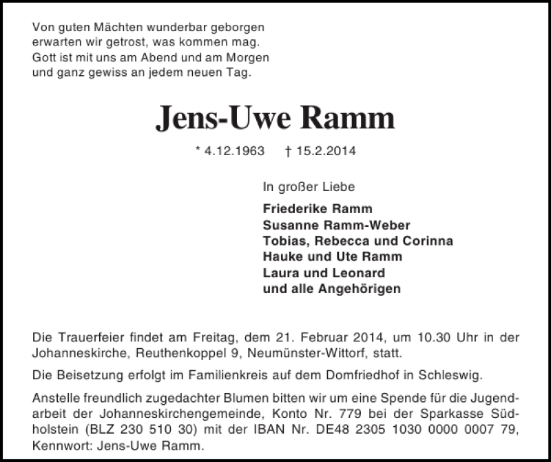  Traueranzeige für Jens-Uwe Ramm vom 19.02.2014 aus Holsteinischer Courier