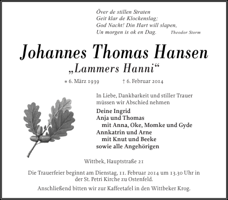  Traueranzeige für Johannes Thomas Hansen vom 08.02.2014 aus Husumer Nachrichten