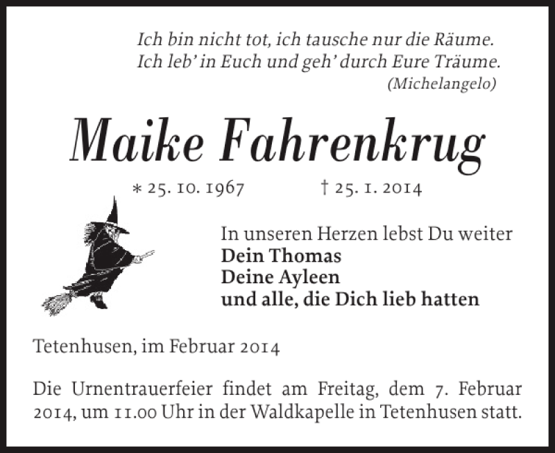  Traueranzeige für Maike Fahrenkrug vom 05.02.2014 aus Landeszeitung
